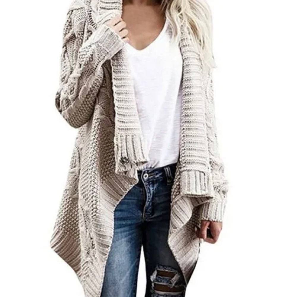 Oatmeal Chunky Cable Wrap Draped Cardigan Sweater NWT - Picture 10 of 11